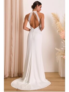 NWT Lulu’s Radiant Adoration White Satin Lace Backless Halter Maxi Wedding Dress